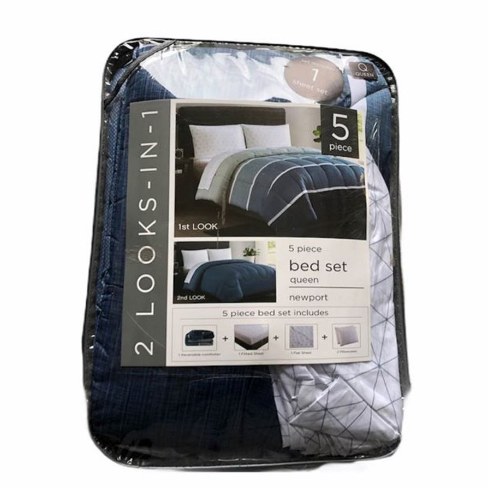 Queen Blue and White Striped 5pc Bed Set